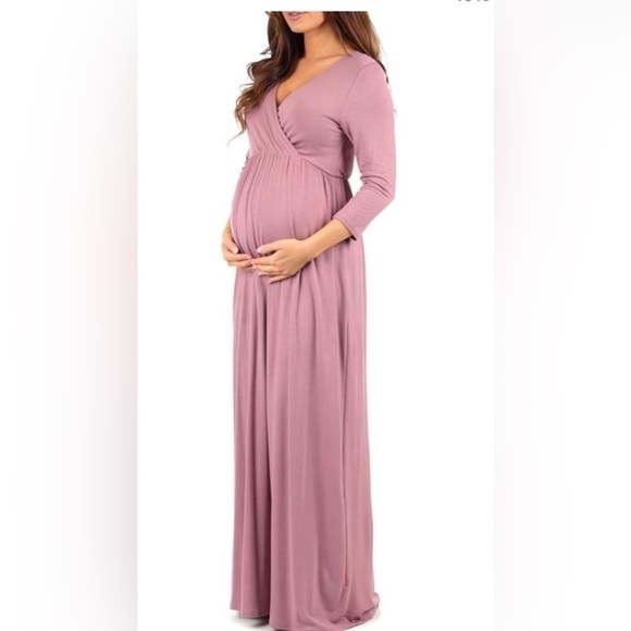 Mother Bee | Maternity Pregnancy V-Neck Purple 3/4 Sleeve Maxi Dress Large - Picture 1 of 9